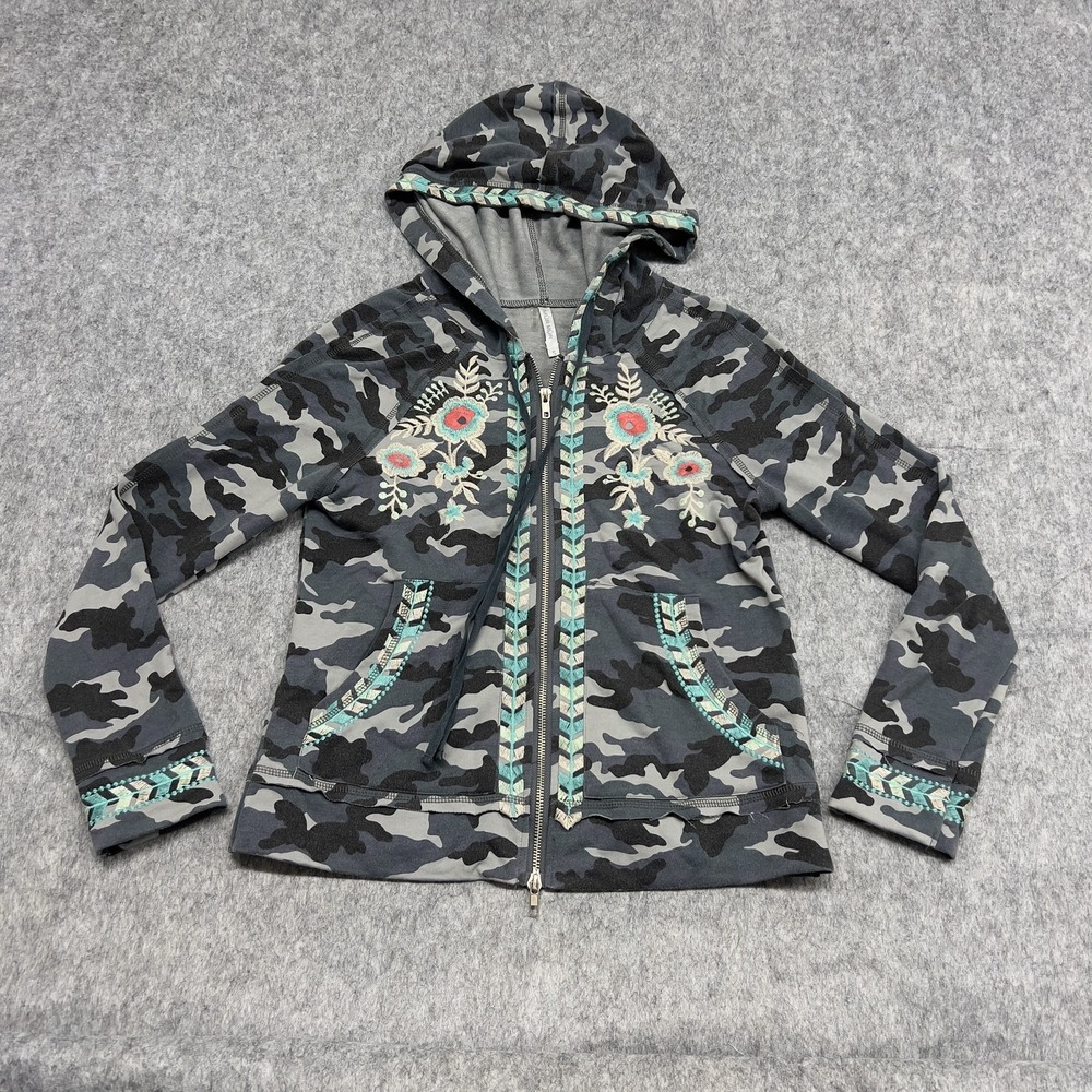 Mur Mur Hoodie Womens Small Camo Gray Embroidered Floral Full Zip Boho Jacket